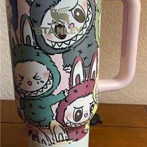 Pink Travel Mug with Colorful Character Print